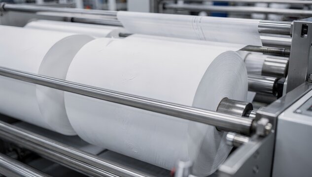 Medium shot capturing tissue parent rolls in the process of careful slitting and rewinding emphasizing smooth machine movement and delicate material texture in a hygienic