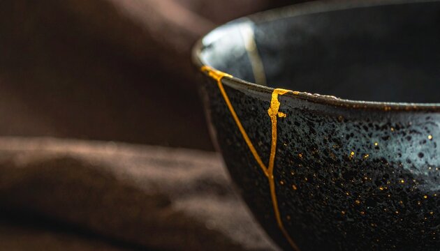 Kintsugi Bowl: A close-up view of a dark, speckled ceramic bowl showcasing the traditional Japanese art of Kintsugi, where broken pottery is mended with lacquer dusted or mixed with powdered gold.