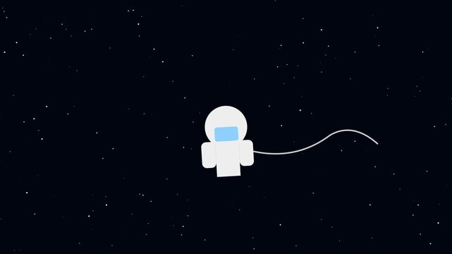 Minimalist astronaut floating in deep space, flat animation of spaceman tethered in galaxy universe flat minimalist