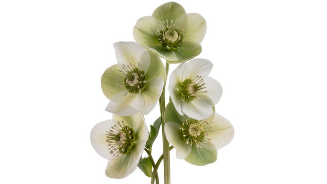 Isolated elegant light green and white Hellebore flowers with delicate petals and stamens.
