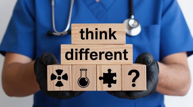 Medical worker holds wooden blocks stacked with words think different plus symbols radiation flask puzzle and question mark. Creative medical thinking innovation concept for healthcare.