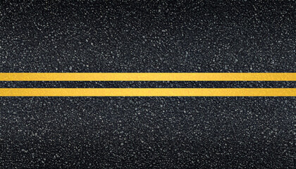 Fototapeta premium A high-detail top-down overhead view of a dark asphalt road surface featuring clear, vibrant parallel yellow traffic lines dividing the lane, captured with a professional texture perspective.