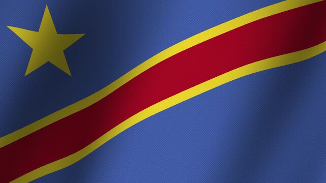 Democratic Republic of Congo Flag: A close-up of the flag of the Democratic Republic of Congo, featuring its iconic blue field, red and yellow diagonal stripe, and a yellow star.