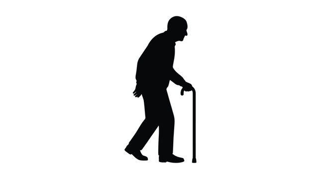 Elderly man with walking cane silhouette on a white background