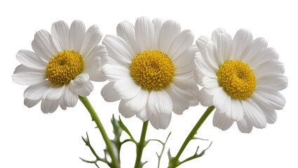 Fototapeta premium Isolated beautiful white daisies with vibrant yellow centers and green stems, close up studio shot