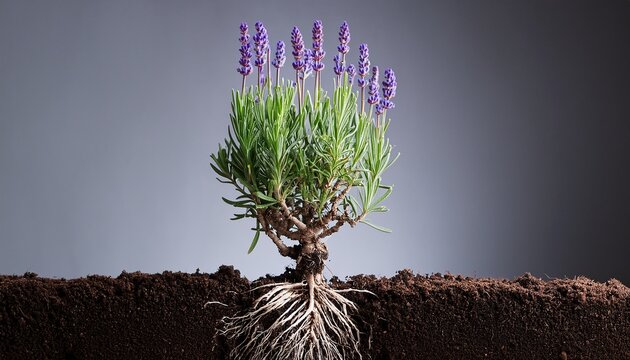 lavender plant seedling showing roots and purple flowers