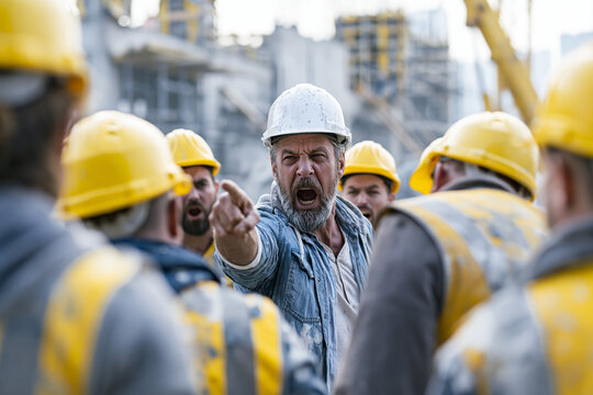  W&uuml;tender Bauleiter schreit sein Team von Bauarbeitern an und zeigt mit dem Finger, Konflikt und Streit auf der Baustelle.