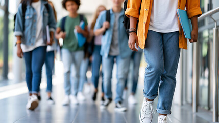 Obraz premium Anonymous diverse group of teenage students walking through a modern school hallway between classes, youth and education concept, faceless, defocused with copy space