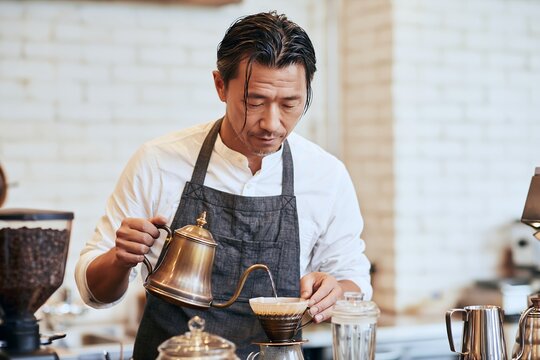 こだわりの器具を使い丁寧にドリップコーヒーを淹れる日本人男性