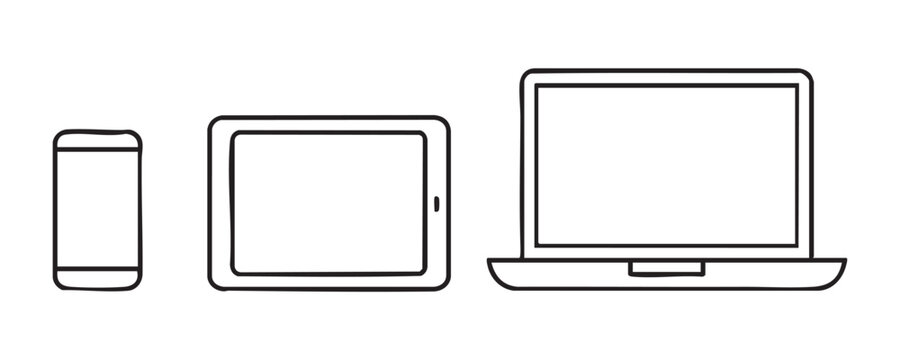 Collection of outline electronic devices including mobile phone tablet and laptop computer icons.