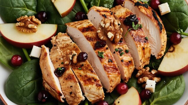 Sliced grilled chicken breast tops fresh spinach salad with apple slices walnuts and cranberries creating a vibrant and healthy meal presentation.