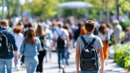 Fototapeta premium Anonymous crowd of students walking through a college campus on a sunny day with motion blur, busy campus life concept, faceless, defocused with copy space