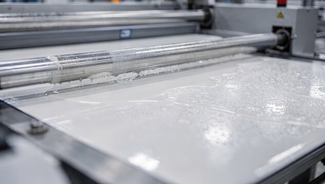 Medium shot capturing a rod coater precisely spreading an aqueous barrier emphasizing controlled application to boost protective qualities against grease and moisture.