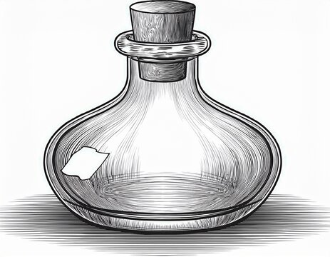 empty glass potion bottle with cork stopper in detailed vintage black and white line art design