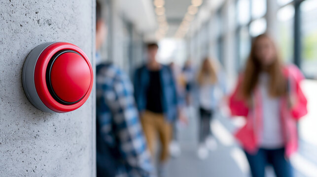 Red alarm button against a grey wall contrasting with anonymous students in a bright school corridor, school safety awareness concept, defocused with copy space