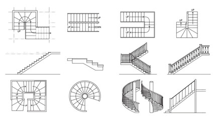 Obraz premium Architectural Staircase Plans and Stair Details Set — Floor Plans, Elevations and Spiral Stair Drawings Blueprint