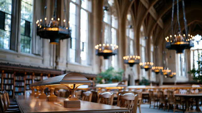 Grand university dining hall with high vaulted ceilings illuminated by glittering candelabras on iron chains, historic academic architecture concept, defocused with copy space