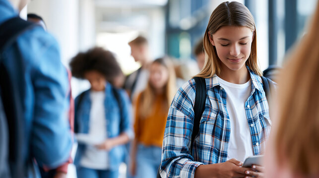 Bright airy school hallway with anonymous smiling diverse students softly blurred in background, education backdrop and text overlay concept, faceless, defocused with copy space