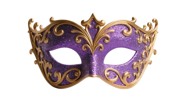 Isolated glamorous ornate purple and gold carnival masquerade mask with sparkling glitter texture