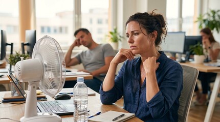 Plakat Canicule au bureau : employée épuisée et en sueur se rafraîchissant avec un ventilateur pendant une vague de chaleur extrême