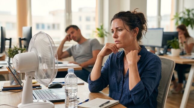  Canicule au bureau : employ&eacute;e &eacute;puis&eacute;e et en sueur se rafra&icirc;chissant avec un ventilateur pendant une vague de chaleur extr&ecirc;me
