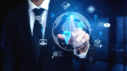 Fototapeta premium Businessman in Suit Touching Globe with Digital AI Icons, Symbolizing Future Technology and Global Connectivity in Modern Workplace. Bitwise.