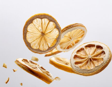 dried lemon slices falling on white background symbolizing zest freshness and natural flavor for food and drink concepts