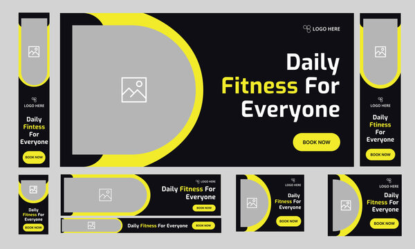 Customizable vector gym fitness social media post banner template set, Sports social media square banner, Workout exercise social media promotion design. Vector eps 10 file format