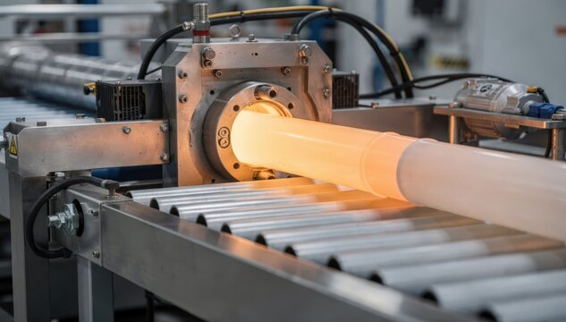 Medium shot of plastic pipe extrusion machine producing drain pipes showcasing molten plastic shaping into seamless tubing for waste systems.