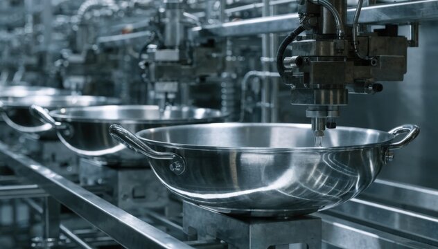 Midlevel frame capturing a countersunk riveting process embedding smooth flushfit metal handles onto premium pans in a modern manufacturing line.
