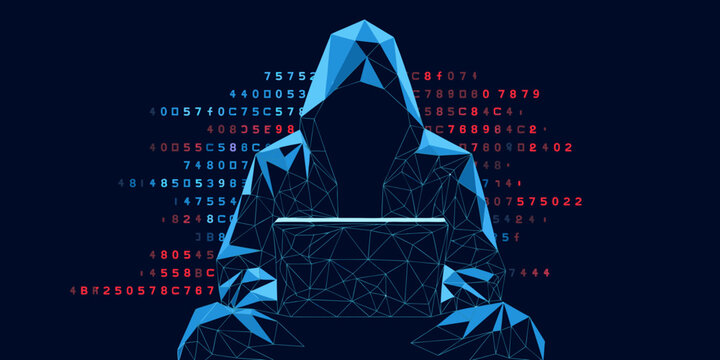 Anonymous hacker in hooded silhouette with laptop against digital data stream in blue neon lighting concept