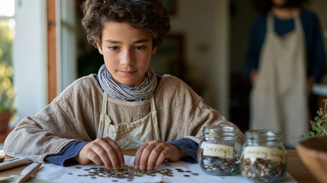 Ten-year-old child sits at kitchen table carefully sorting coin denominations into labeled jars marked savings, spending, and giving, parent watching from doorway, financial