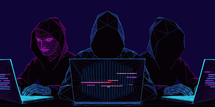 Group of anonymous hackers with glowing faces working on laptops in dark room with neon lights