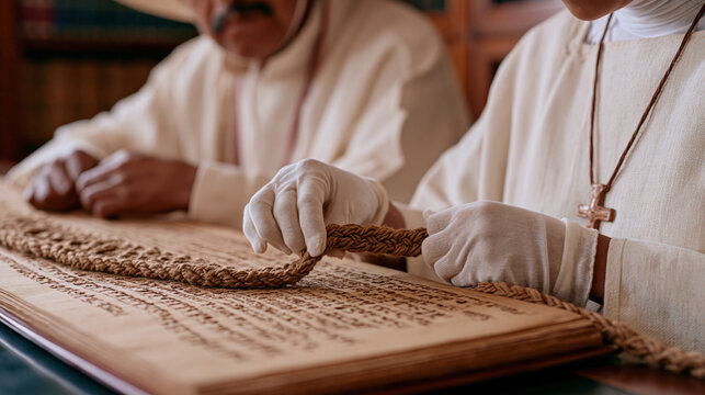 Close up of a Peruvian quipu knotted record being handled by a textile anthropologist in a Lima conservation lab, her gloved fingers tracing the knotted sequence while a Quechua