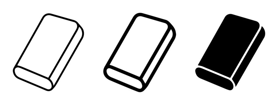 3 Eraser silhouette icons, solid black style, education office supply
