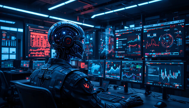 Cyborg monitors security threats on numerous digital displays within a high tech operations command.
