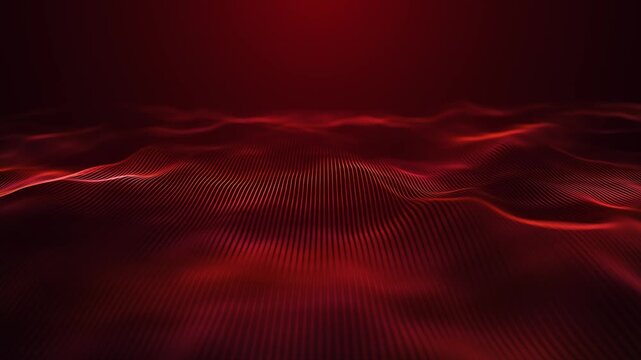 A dynamic wave of glowing dots on a dark background, inspired by digital technology. Abstract digital landscape of glowing red waves. Futuristic background for presentations. 3D rendering.