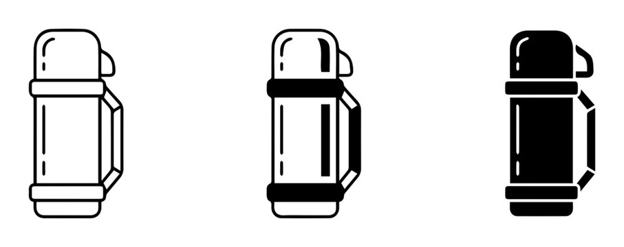 3 Thermos bottle silhouette icons, solid black style, drinkware set