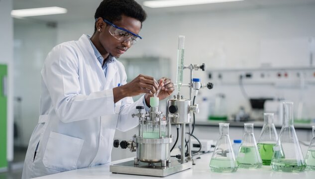 Medium shot of researcher adjusting controls on a small reactor vessel while mixing plantbased esters emphasizing green chemistry processes for eco lubricant formulation.
