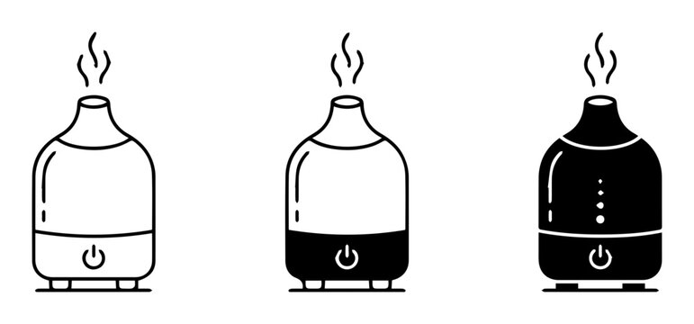 3 Essential Oil Diffuser silhouette icons, steam mist, aromatherapy set, home decor