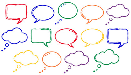 Fototapeta premium Assorted hand-drawn speech and thought bubbles with colorful borders on a white background representing communication concepts