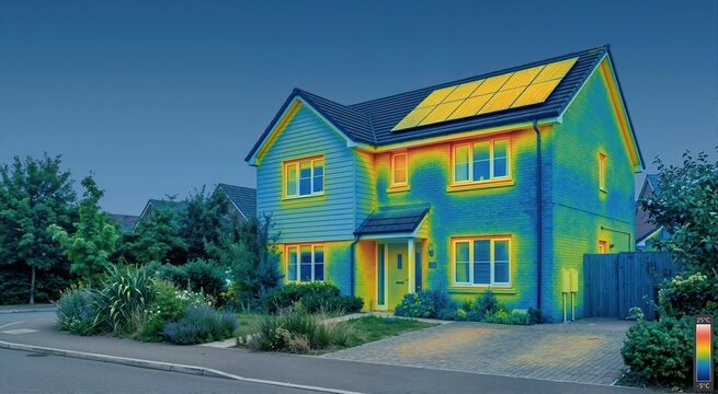 Thermal imaging of a residential house with solar panels showing heat loss and energy efficiency. Infrared temperature diagnostic of building insulation