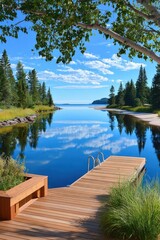 Fototapeta premium Peaceful wooden dock on a calm forest lake reflecting blue sky and clouds at summer shore