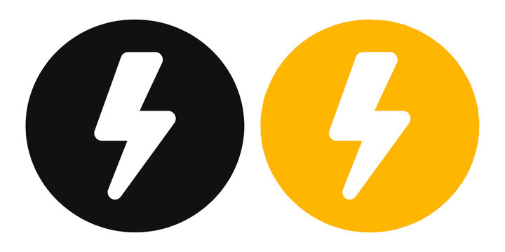 Set of two lightning bolt icons in black and yellow circles isolated on transparent background
