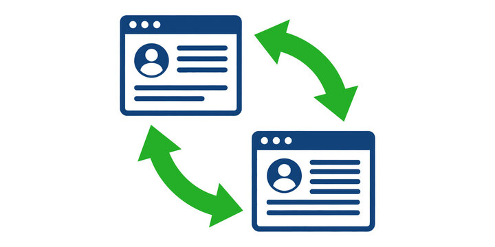 Two browser windows with user profile icons and circular arrows indicating data synchronization or transfer isolated on transparent background