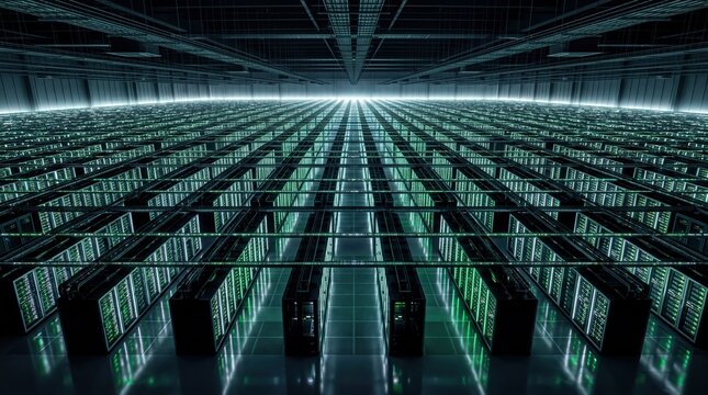 data center environment, a vast and pristine server room glows with green and white lights, symbolizing cloud computing