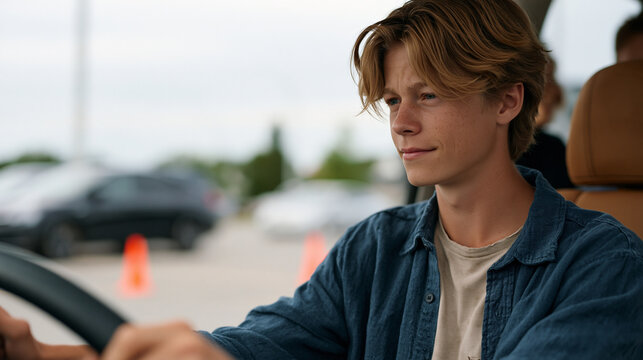 Parent grips steering wheel in a parking lot while teenage son practices parallel parking near cones, parent knuckles visibly tense, teen driver training stress, new driver