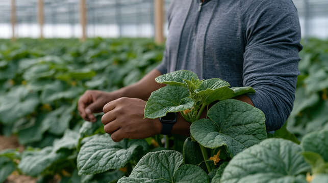 Machine vision camera mounted on a greenhouse rail scanner identifies early powdery mildew spores on cucumber leaves, flagging infected plants with a digital pin on a crop map