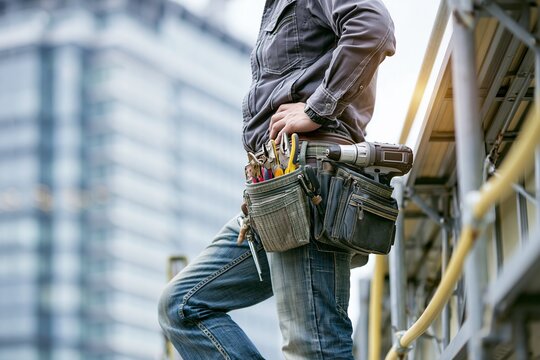 建設現場で働く男性職人が腰袋の工具を携えて立つ