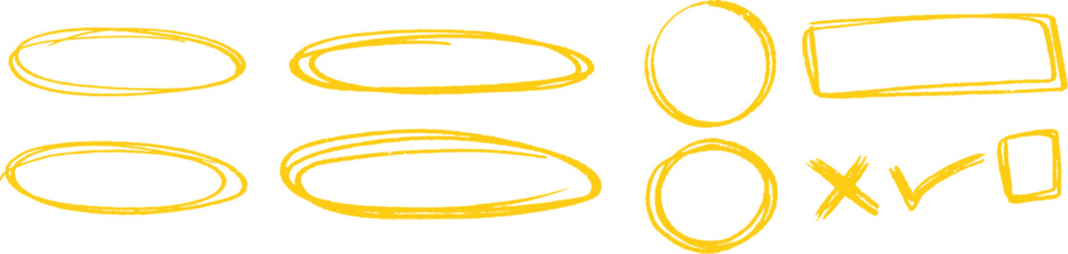 Yellow highlighter circle vector set with hand drawn oval marker line stroke sketch element collection including scribble rectangle box cross check mark checkbox doodle for business presentation docum